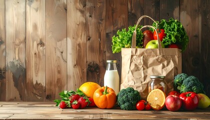 Food items are arranged in front of a wooden wall; lettuce overflows from a paper bag