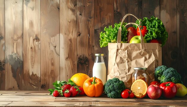Food items are arranged in front of a wooden wall; lettuce overflows from a paper bag