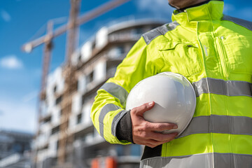 Construction worker wearing a bright neon yellow safety jacket holds a white hard hat in front of a building under construction with cranes