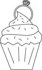Cupcake with ring Valentine's Day composition. Vector graphic line illustration. Silhouette sign for logo, print, comics, fashion, pop art, boards, design, stickers, decoration, posters