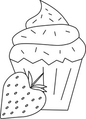 Strawberry Cupcake Icon. Valentine's Day composition. Vector graphic line illustration. Dessert Sweet Bakery Pastry Muffin Fruit Strawberry Vector Symbol.