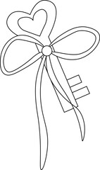 heart key with bow Valentine's Day composition. Vector graphic line illustration. Banner, poster, wrapping paper, sticker, print, modern textile design. For logo, web, package, sticker.