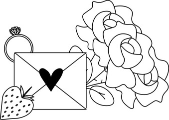 heart letter with ring, roses, strawberry Valentine's Day composition. Vector graphic line illustration. Banner, poster, wrapping paper, sticker, print, modern textile design.