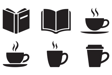 Book and coffee cup group silhouette icon set, reading and relaxation concept on white background illustration
