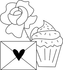 Happy Valentines day Love letter, rose, cupcake Valentine's Day composition. Vector graphic line illustration. Design element for web graphic design poster tattoo. Coloring page art therapy
