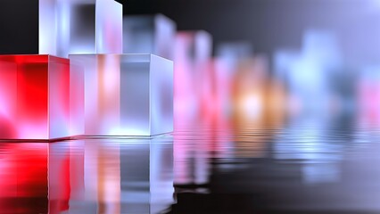 Abstract glass cubes in a row reflecting vibrant red, blue, and orange light on a rippled water surface, creating a dynamic visual background for technology and data concepts