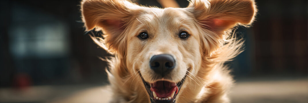 A golden retriever happily climbs a ramp in a dog-friendly gym. The space features various platforms and tunnels to support training and rehabilitation for pets, banner