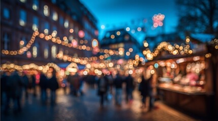 Fototapeta premium The festive Christmas market glows with lights as families, including children and parents, stroll through the vibrant atmosphere. The market's lively decorations enhance the cheer
