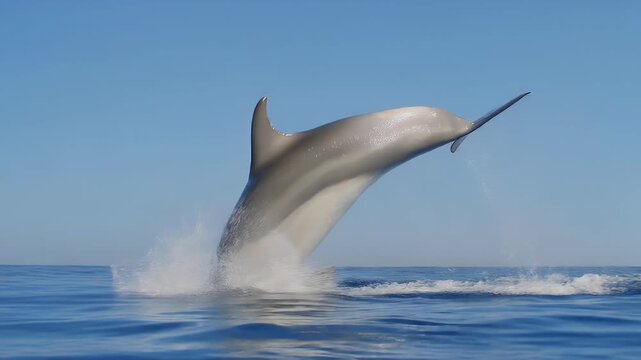 Large bottlenose dolphin at apex of jump breaching high above calm blue ocean, sunny day wildlife action