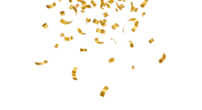 Falling gold metallic confetti, isolated on transparent background.
