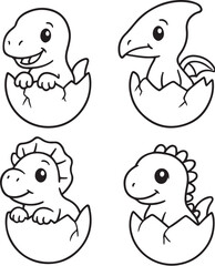 baby dinosaurs hatching from eggs black and white vector set.eps