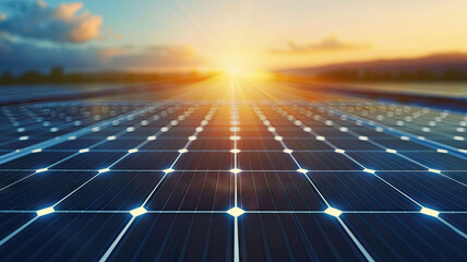 Close-up of solar panels under sunlight with digital data overlay, representing clean energy, innovation, and sustainability