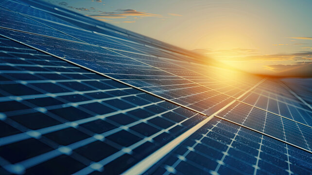 Close-up of solar panels under sunlight with digital data overlay, representing clean energy, innovation, and sustainability