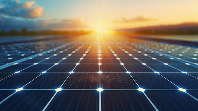 Close-up of solar panels under sunlight with digital data overlay, representing clean energy, innovation, and sustainability