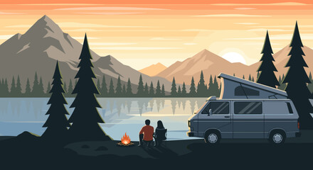 Couple sitting by a campfire near van at lakeside during sunset, for outdoor adventure marketing and travel planning  