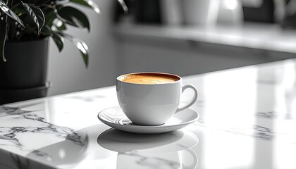 Cup of coffee sits on a marble surface, with a plant and blurred background