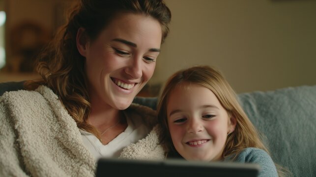 A woman sits on the couch with her young girl, both attentively focused on a tablet in front of them. The woman and girl share moments of laughter while exploring games together.