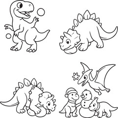 Dinosaur Snowball Fight Scenes in Black and White Vector.eps
