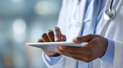An African American doctor is focused on a digital tablet, expertly using the device to manage patient care. The doctor’s skilled hands navigate the tablet screen to access critica