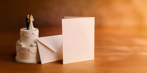 Envelope com carta em branco para convite de casamento ao lado de bolo com noiva e noivo