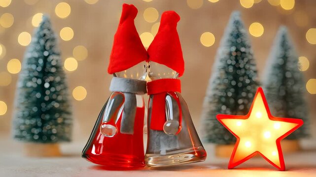Cute Christmas gnome couple (Tomte) decorations with a flashing star and bokeh lights.【Generative AI】
