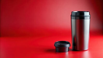 Sleek, modern thermos with a matching lid sits on a vibrant red surface, ready for your hot or cold beverage