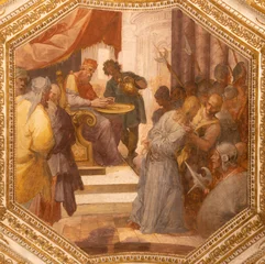 Fotobehang Jezus Christus AMALFI, ITALY - OCTOBER 3, 2025: The baroque fresco of Jesus before Pilate in the crypt of  Domo by Vincenzo De Pino  from 17. cent.  © Renáta Sedmáková