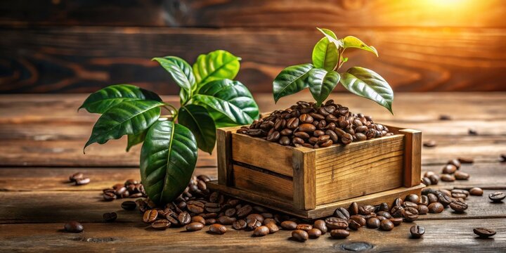 A wooden crate brimming with aromatic coffee beans, nestled beside vibrant green coffee plant leaves, bathed in warm sunlight on a rustic wooden surface.
