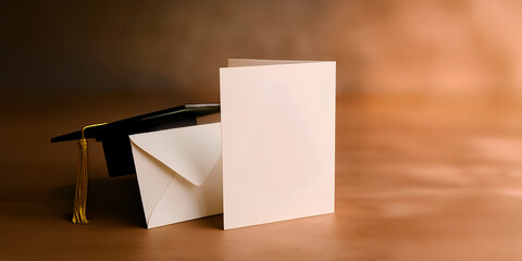 Modelo de convite de formatura, carta com evelope ao lado de capelo de formando em fundo amadeirado