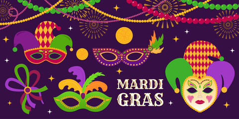 Bright carnival masks, strings of beads, and coins are symbols of Mardi Gras holiday. Vector elements carnival, masquerade, festival for greeting cards, posters, flyers, banners, invitations