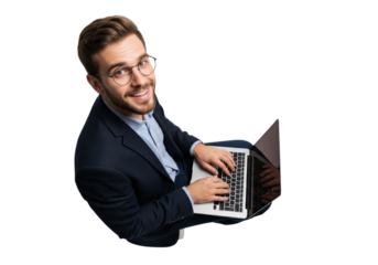 Top view of young businessman working on laptop isolated on white