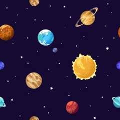 Fototapeta premium Solar system, universe, cosmos, galaxy, space endless background. Repeatable pattern of different planets, sun, stars. Celestial bodies, asteroids on starry sky. Flat seamless vector illustration.