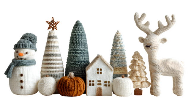 Crocheted winter and Christmas decorative set isolated on white background