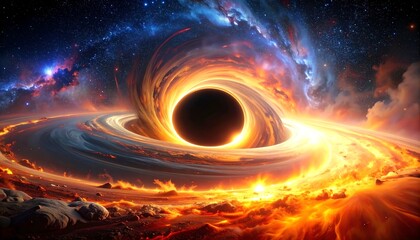 Dramatic depiction of a black hole with accretion disk and vibrant nebula, showcasing cosmic phenomena