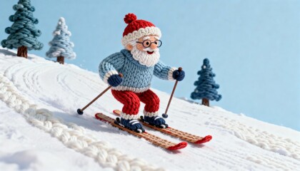 Santa Claus skiing on snowy slope with pine trees in winter  