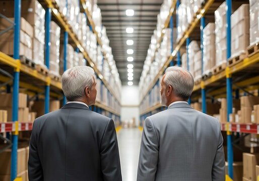 Businessmen in a warehouse inspecting inventory and logistics operations