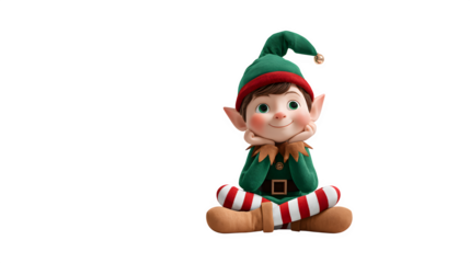 Cute Christmas elf sitting on flat surface smiling isolated on white background