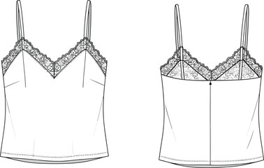 Women's camisole, fashion sketch, lingerie illustration, lace top, technical drawing, garment design, intimate wear, apparel template, front back view