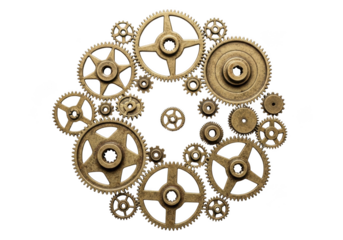 Intricate arrangement of antique brass gears in circular formation on black transparent background