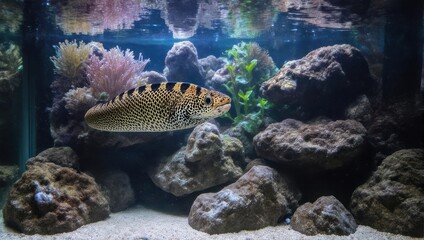 A fish with spotted patterns swims in a large aquarium amongst rocks and coral