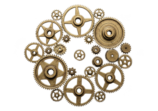 Intricate arrangement of antique brass gears in circular formation on black transparent background