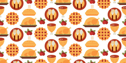 Seamless pattern featuring roast turkey, cherry pie, apple pie, and utensils. Perfect for Thanksgiving textile and wrapping designs.