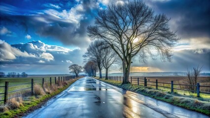 Fototapeta premium Serene Country Road with Sunlit Trees and Dramatic Cloudscape After a Recent Rain