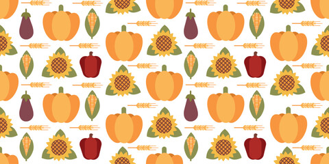 Seamless pattern featuring pumpkins, sunflowers, corn, peppers, and eggplants. Ideal for harvest, farm, and Thanksgiving fabric designs.
