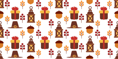 Seamless pattern with pilgrim hat, oil lamp, gift box, yellow leaves, and red berries. Perfect for Thanksgiving and autumn packaging.