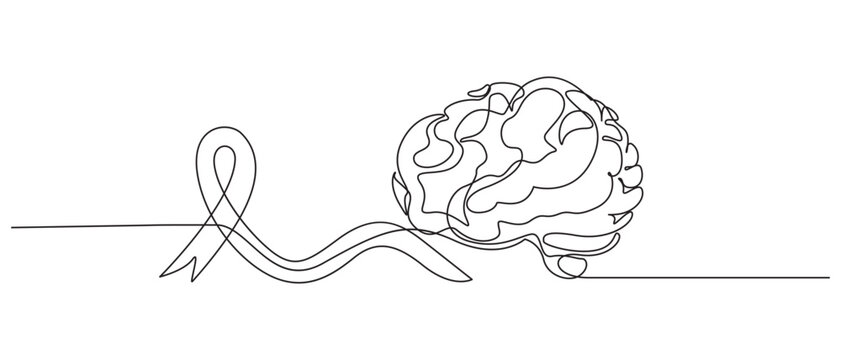 epilepsy day concept one line art drawing,Continuous Line Drawing of a Human Head with Brain and Thought Process