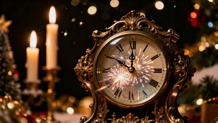 Fototapeta premium Antique clock striking midnight with candles and Christmas decor 