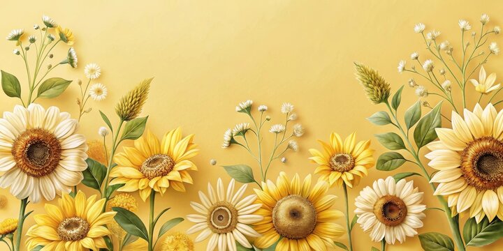 A vibrant arrangement of sunflowers and wildflowers, showcasing their radiant yellow hues against a soft, pale yellow background, creates a cheerful and summery aesthetic.