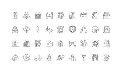 Collection of thin personal or business for organization and entertainment, catering, invitations, celebration, planning, party management, event representing icons line use vector illustration