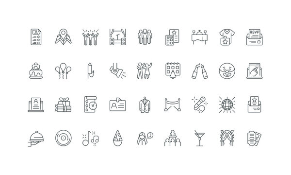 Collection of thin personal or business for organization and entertainment, catering, invitations, celebration, planning, party management, event representing icons line use vector illustration
